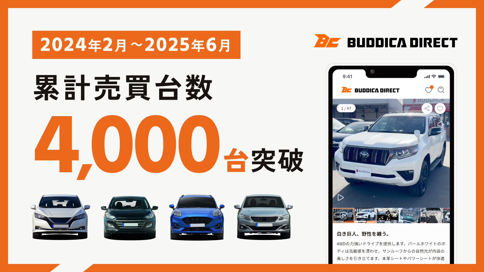 創業より1年6ヵ月で累計売買台数4,000台。さらに6月度の1ヵ月で月間 
